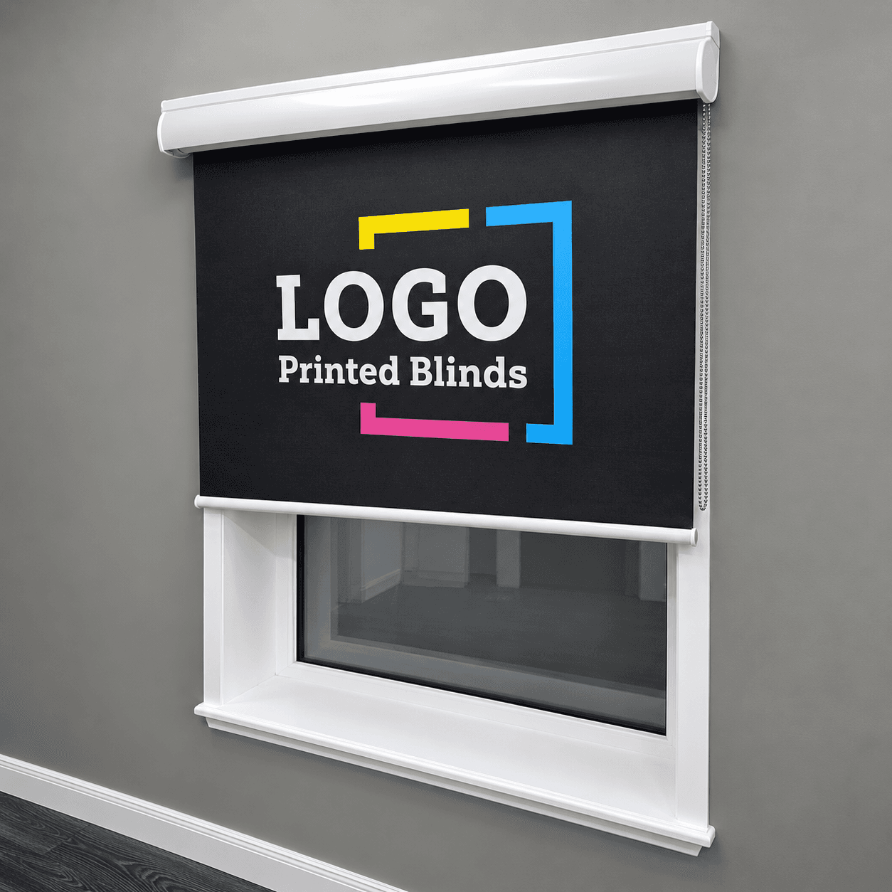 Roller blind with headbox cassette fitted outside recess or whiteboard