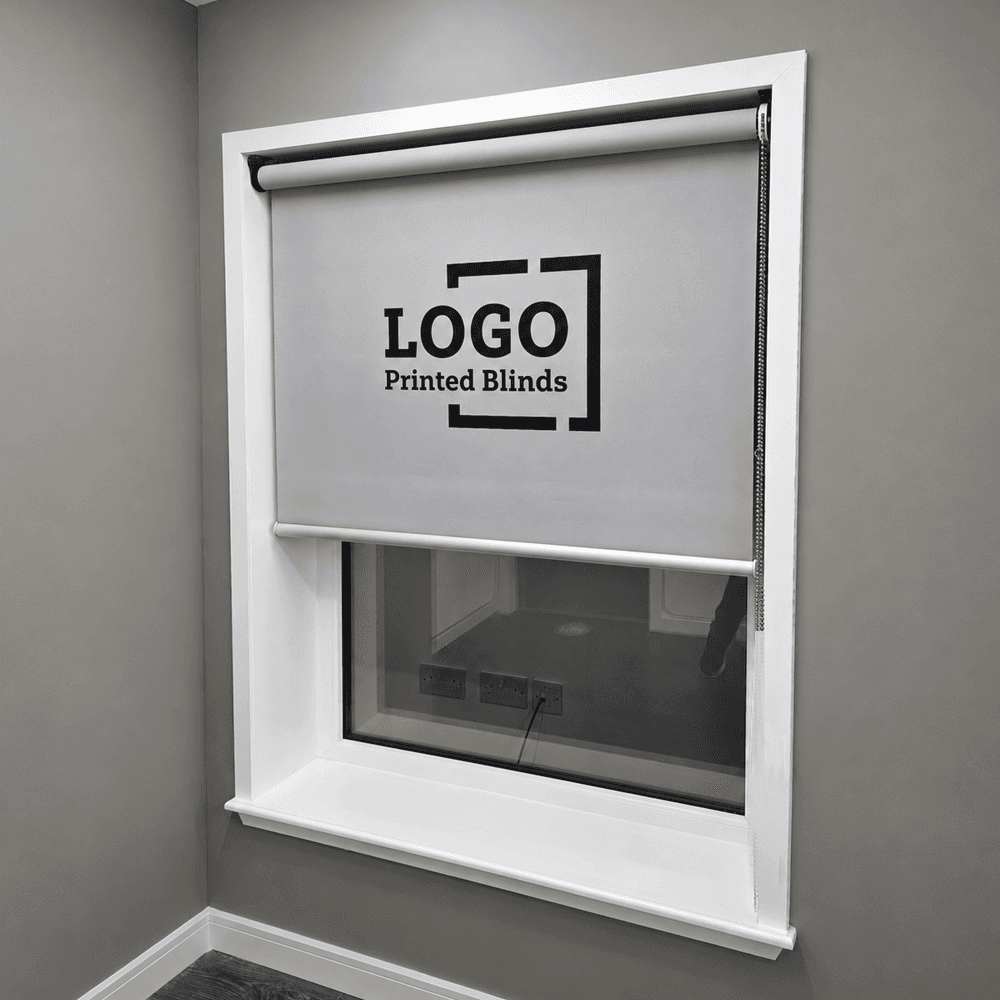 Printed roller blind fitted inside window recess