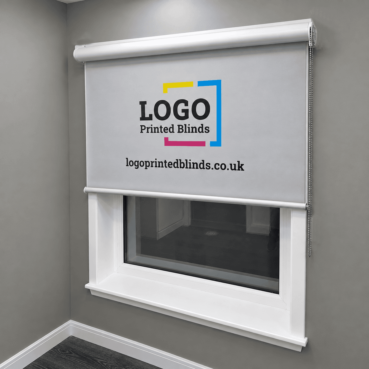 Standard roller blind fitted outside recess or in front of a whiteboard