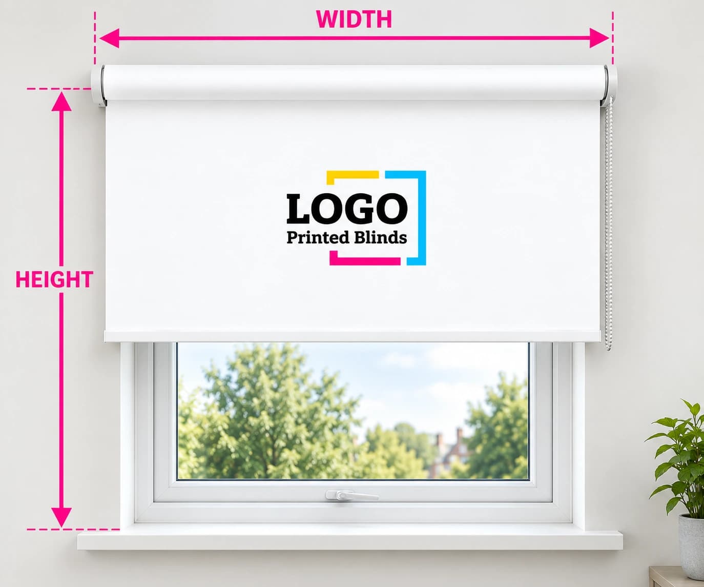 Diagram showing where to measure width and height for a roller blind fitted outside a window recess