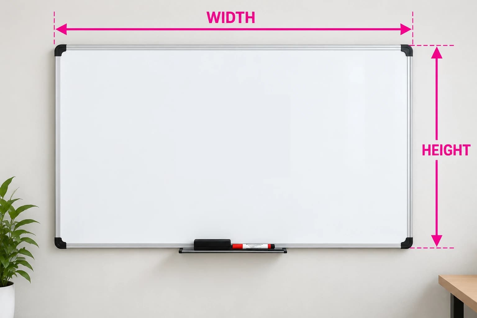 Diagram showing how to measure width and height for a roller blind fitted over a whiteboard
