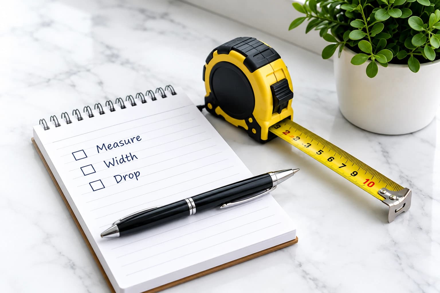 Notepad, pen and metal tape measure ready for measuring made-to-measure roller blinds